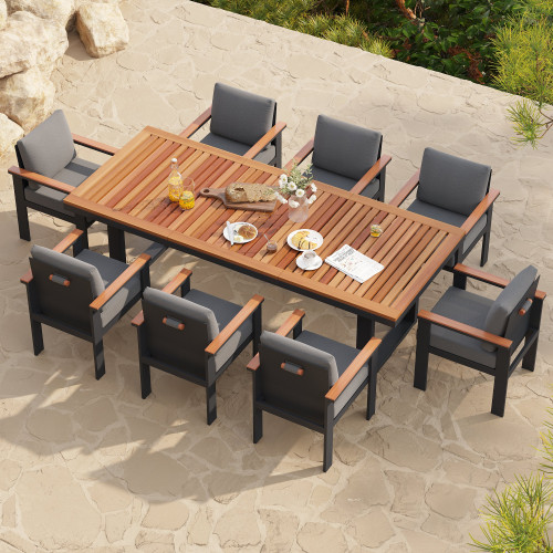 HMR Rectangle Wood & Aluminum Outdoor Patio Dining Set - Gray, With 8 Chairs