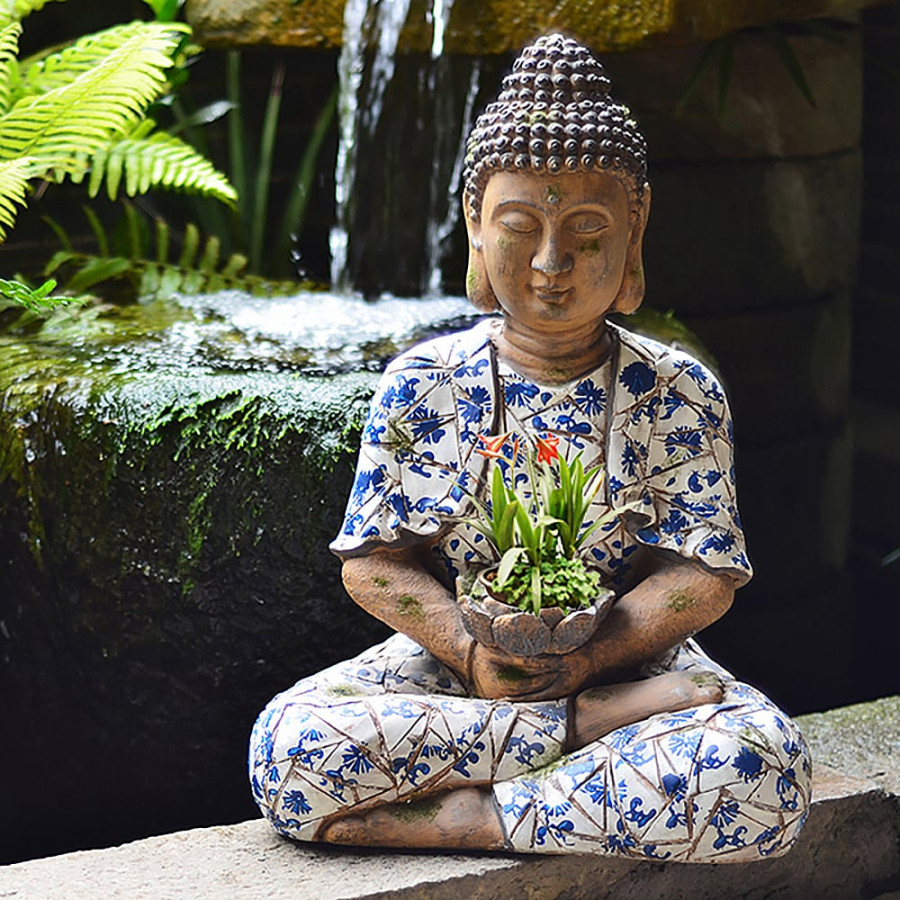 HMR - Outdoor Garden Sleeping Buddha Statue Flower Pot Planter Magnesium Oxide Sculpture Decor