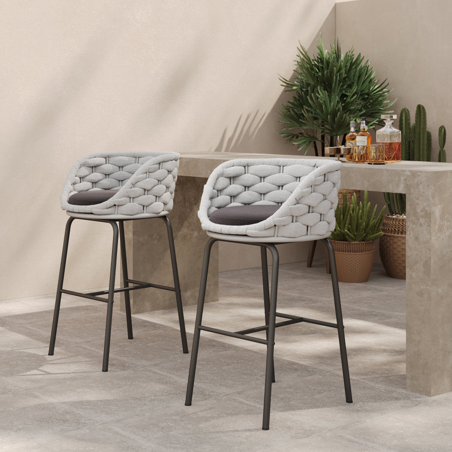 HMR - 2 Pieces Outdoor Chair Patio Woven Rope & Aluminum 38" Bar Stools Set with Backs