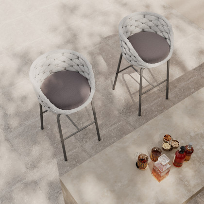 HMR - 2 Pieces Outdoor Chair Patio Woven Rope & Aluminum 38" Bar Stools Set with Backs