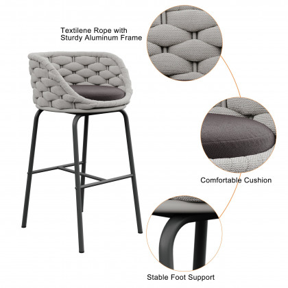 HMR - 2 Pieces Outdoor Chair Patio Woven Rope & Aluminum 38" Bar Stools Set with Backs