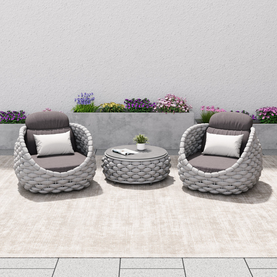 HMR Tatta Woven Rope Outdoor Sofa Set with Faux Mable Top Coffee Table & Rotatable Chair - Gray, 2-Person, Swivel Base