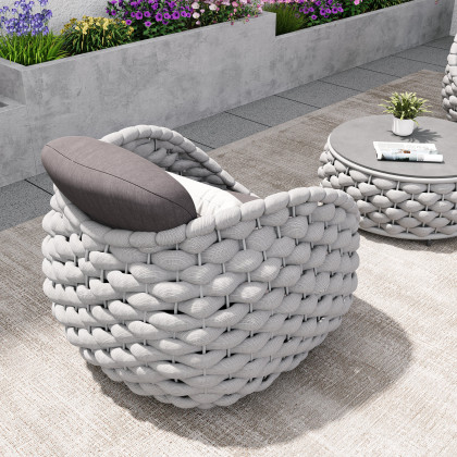 HMR Tatta Woven Rope Outdoor Sofa Set with Faux Mable Top Coffee Table & Rotatable Chair - Gray, 2-Person, Swivel Base