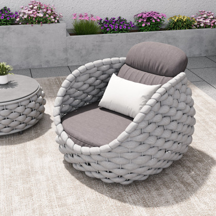 HMR Tatta Woven Rope Outdoor Sofa Set with Faux Mable Top Coffee Table & Rotatable Chair - Gray, 2-Person, Swivel Base