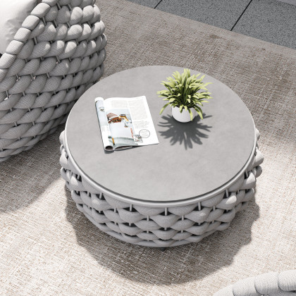 HMR Tatta Woven Rope Outdoor Sofa Set with Faux Mable Top Coffee Table & Rotatable Chair - Gray, 2-Person, Swivel Base