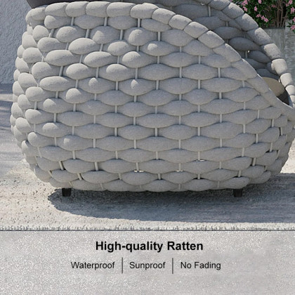 HMR Tatta Woven Rope Outdoor Sofa Set with Faux Mable Top Coffee Table & Rotatable Chair - Gray, 2-Person, Swivel Base