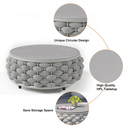 HMR Tatta Woven Rope Outdoor Sofa Set with Faux Mable Top Coffee Table & Rotatable Chair - Gray, 2-Person, Swivel Base