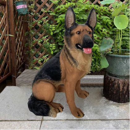 HMR - Outdoor German Shepherd Statue Garden Sculpture Resin Dog Floor Decor in Black & Brown
