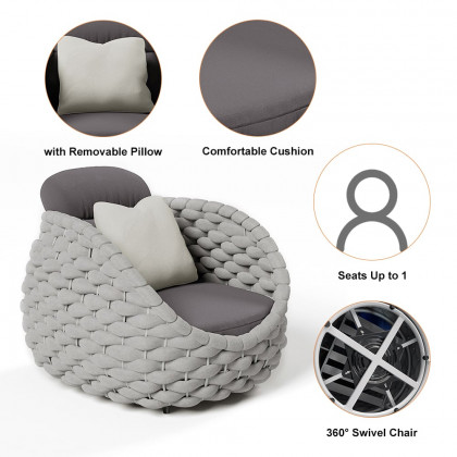 HMR Tatta Woven Rope Outdoor Sofa Set with Faux Mable Top Coffee Table & Rotatable Chair - Gray, 4-Person, Swivel Base
