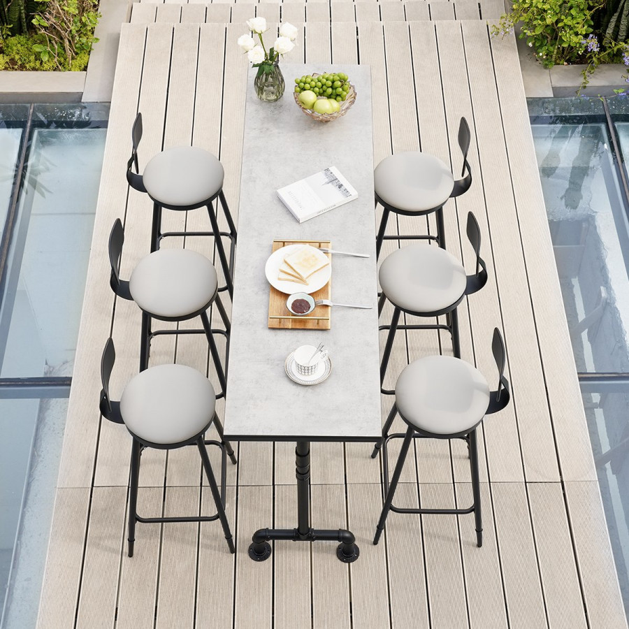 HMR - 7-Pieces Industrial Metal Outdoor Patio Bar Dining Set with Rectangle Table and Chairs