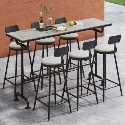 HMR - 7-Pieces Industrial Metal Outdoor Patio Bar Dining Set with Rectangle Table and Chairs