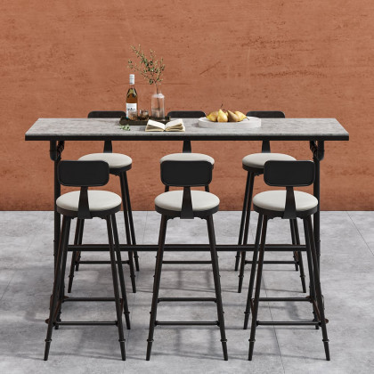 HMR - 7-Pieces Industrial Metal Outdoor Patio Bar Dining Set with Rectangle Table and Chairs