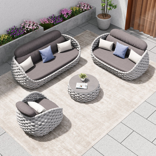 HMR Tatta Woven Rope Outdoor Sofa Set with Faux Mable Top Coffee Table & Rotatable Chair - Gray, 6-Person, Fixed Base
