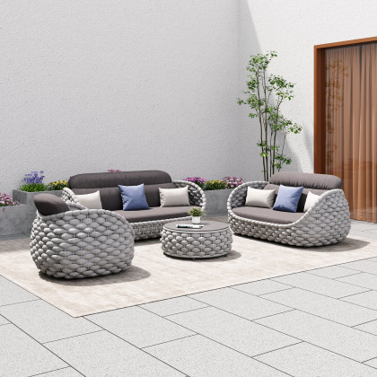 HMR Tatta Woven Rope Outdoor Sofa Set with Faux Mable Top Coffee Table & Rotatable Chair - Gray, 6-Person, Fixed Base