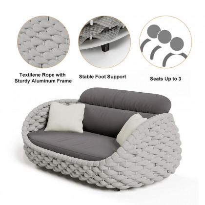 HMR Tatta Woven Rope Outdoor Sofa Set with Faux Mable Top Coffee Table & Rotatable Chair - Gray, 6-Person, Fixed Base