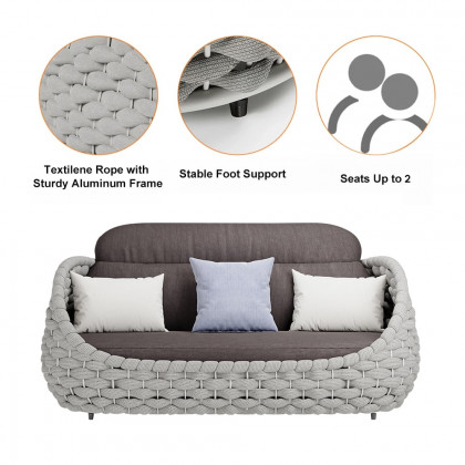 HMR Tatta Woven Rope Outdoor Sofa Set with Faux Mable Top Coffee Table & Rotatable Chair - Gray, 6-Person, Fixed Base