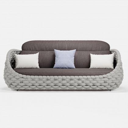 HMR Tatta Woven Rope Outdoor Sofa Set with Faux Mable Top Coffee Table & Rotatable Chair - Gray, 6-Person, Fixed Base