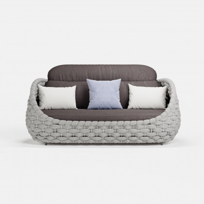HMR Tatta Woven Rope Outdoor Sofa Set with Faux Mable Top Coffee Table & Rotatable Chair - Gray, 6-Person, Fixed Base