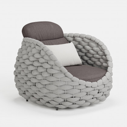 HMR Tatta Woven Rope Outdoor Sofa Set with Faux Mable Top Coffee Table & Rotatable Chair - Gray, 6-Person, Fixed Base