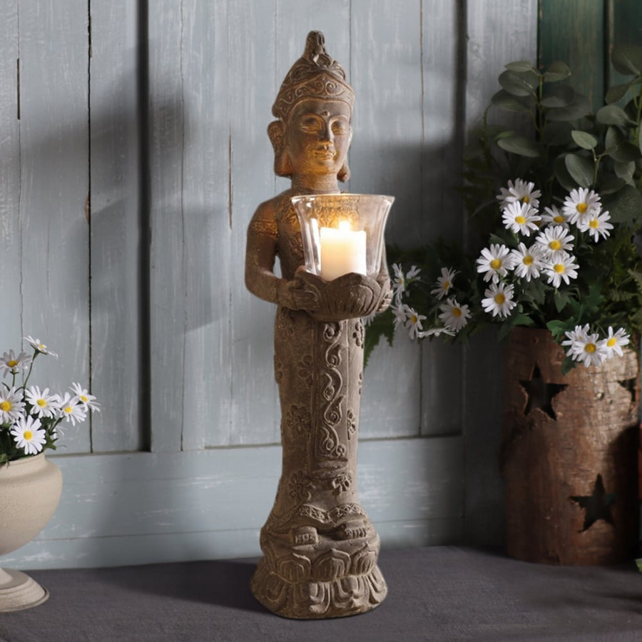 HMR - 21.9" Brown Resin Garden Buddha Statue With Candle Holder Outdoor Sculpture Decor Art