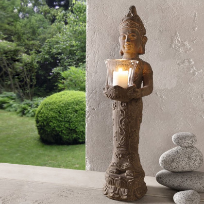 HMR - 21.9" Brown Resin Garden Buddha Statue With Candle Holder Outdoor Sculpture Decor Art