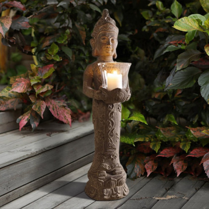 HMR - 21.9" Brown Resin Garden Buddha Statue With Candle Holder Outdoor Sculpture Decor Art