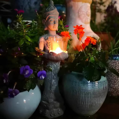 HMR - 21.9" Brown Resin Garden Buddha Statue With Candle Holder Outdoor Sculpture Decor Art