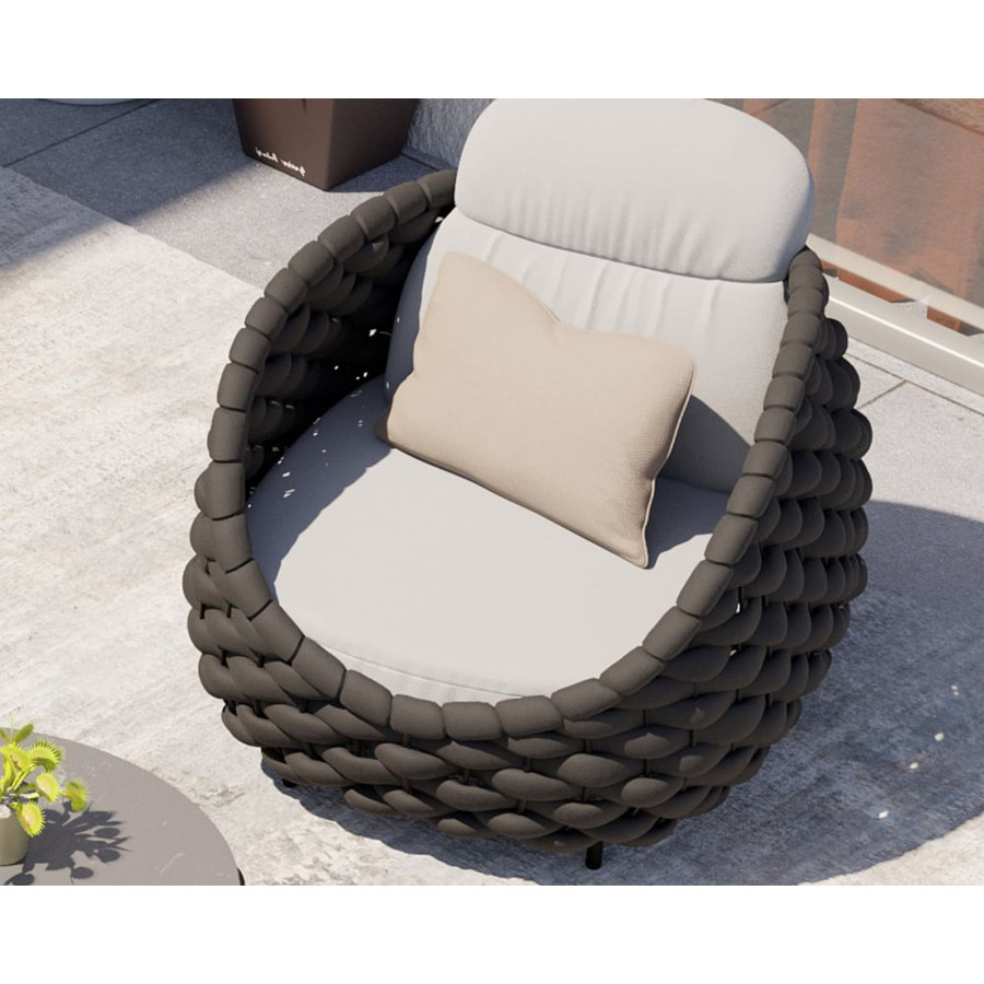 HMR Tatta Modern Woven Rope Outdoor Armchair with Removable Cushion - Gray & Black, Swivel Base
