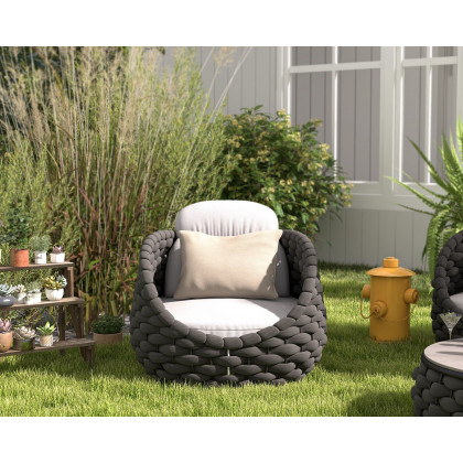 HMR Tatta Modern Woven Rope Outdoor Armchair with Removable Cushion - Gray & Black, Swivel Base