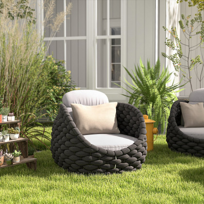 HMR Tatta Modern Woven Rope Outdoor Armchair with Removable Cushion - Gray & Black, Swivel Base