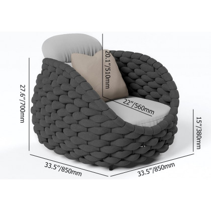 HMR Tatta Modern Woven Rope Outdoor Armchair with Removable Cushion - Gray & Black, Swivel Base