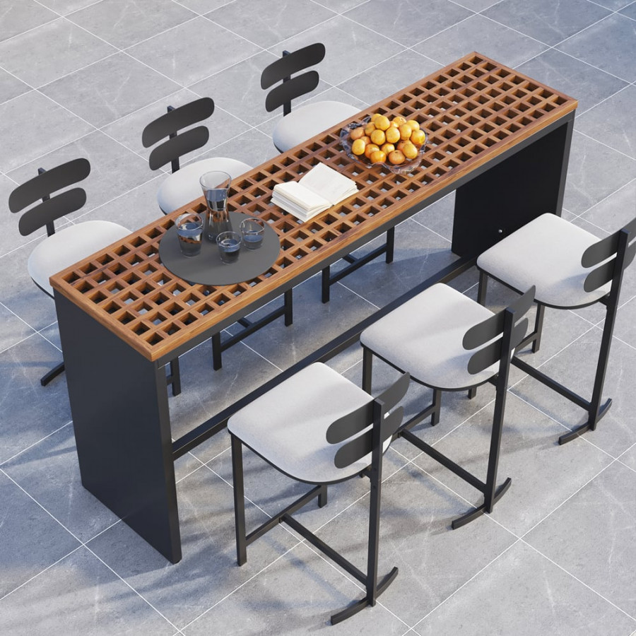 HMR - 7-Pieces 70.9" Teak Rectangle Hollow Bar Dining Table Set for Outdoor & Patio