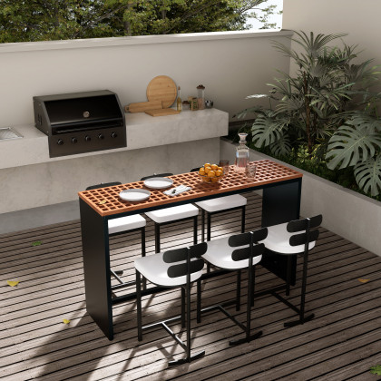 HMR - 7-Pieces 70.9" Teak Rectangle Hollow Bar Dining Table Set for Outdoor & Patio