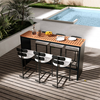 HMR - 7-Pieces 70.9" Teak Rectangle Hollow Bar Dining Table Set for Outdoor & Patio