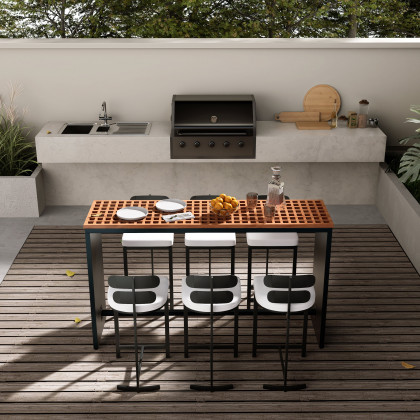 HMR - 7-Pieces 70.9" Teak Rectangle Hollow Bar Dining Table Set for Outdoor & Patio