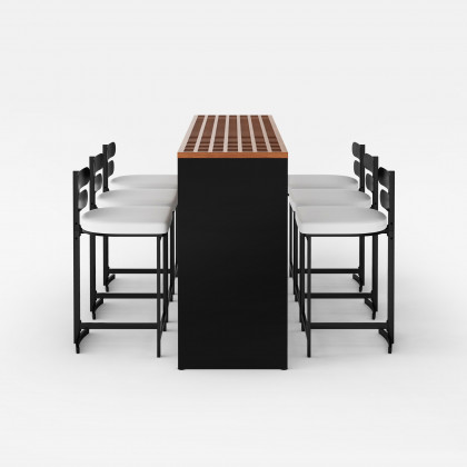 HMR - 7-Pieces 70.9" Teak Rectangle Hollow Bar Dining Table Set for Outdoor & Patio