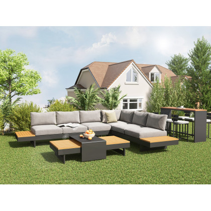 HMR - 7-Pieces 70.9" Teak Rectangle Hollow Bar Dining Table Set for Outdoor & Patio