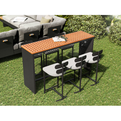 HMR - 7-Pieces 70.9" Teak Rectangle Hollow Bar Dining Table Set for Outdoor & Patio