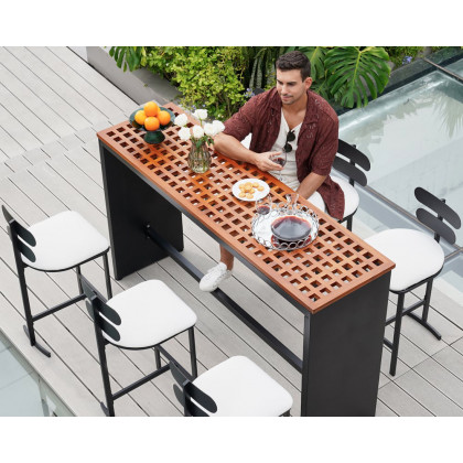 HMR - 7-Pieces 70.9" Teak Rectangle Hollow Bar Dining Table Set for Outdoor & Patio