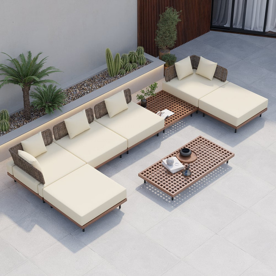HMR Teak Modular Outdoor & Patio Sectional Sofa Set with Coffee Table and Cushion (8-Pieces) - Beige
