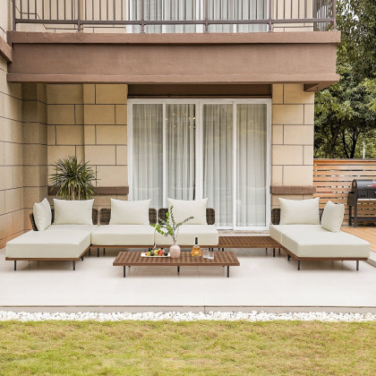 HMR Teak Modular Outdoor & Patio Sectional Sofa Set with Coffee Table and Cushion (8-Pieces) - Beige