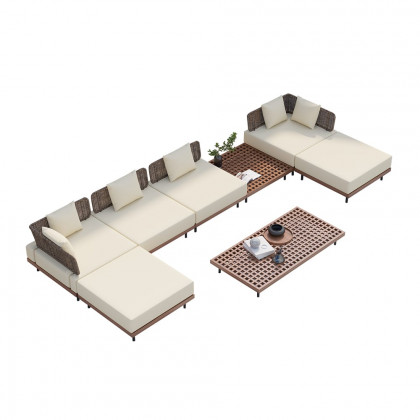 HMR Teak Modular Outdoor & Patio Sectional Sofa Set with Coffee Table and Cushion (8-Pieces) - Beige