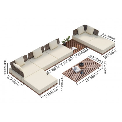 HMR Teak Modular Outdoor & Patio Sectional Sofa Set with Coffee Table and Cushion (8-Pieces) - Beige