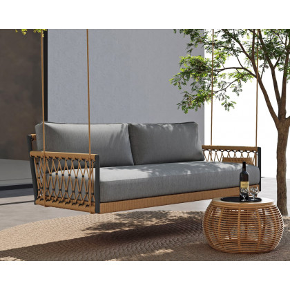 HMR Ropipe Outdoor Swing Sofa in Khaki with Hand Woven Rope & Cushion - Gray, 2-Seater