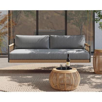 HMR Ropipe Outdoor Swing Sofa in Khaki with Hand Woven Rope & Cushion - Gray, 2-Seater
