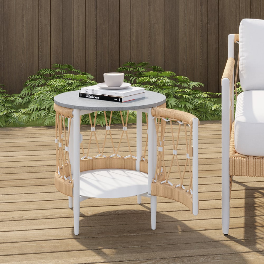 HMR - Ropipe 18.5" Round Outdoor Side Table with Storage Patio Weave Rope End Table in Khaki