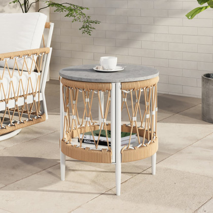 HMR - Ropipe 18.5" Round Outdoor Side Table with Storage Patio Weave Rope End Table in Khaki