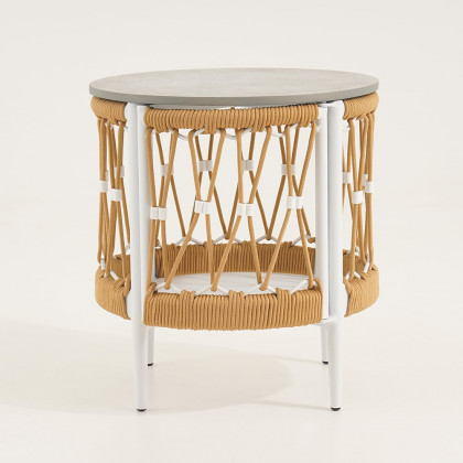 HMR - Ropipe 18.5" Round Outdoor Side Table with Storage Patio Weave Rope End Table in Khaki