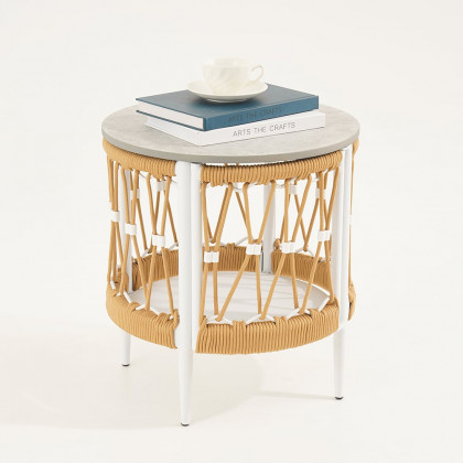 HMR - Ropipe 18.5" Round Outdoor Side Table with Storage Patio Weave Rope End Table in Khaki