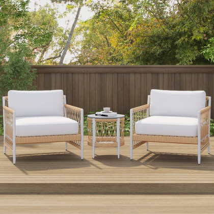 HMR - Ropipe 18.5" Round Outdoor Side Table with Storage Patio Weave Rope End Table in Khaki
